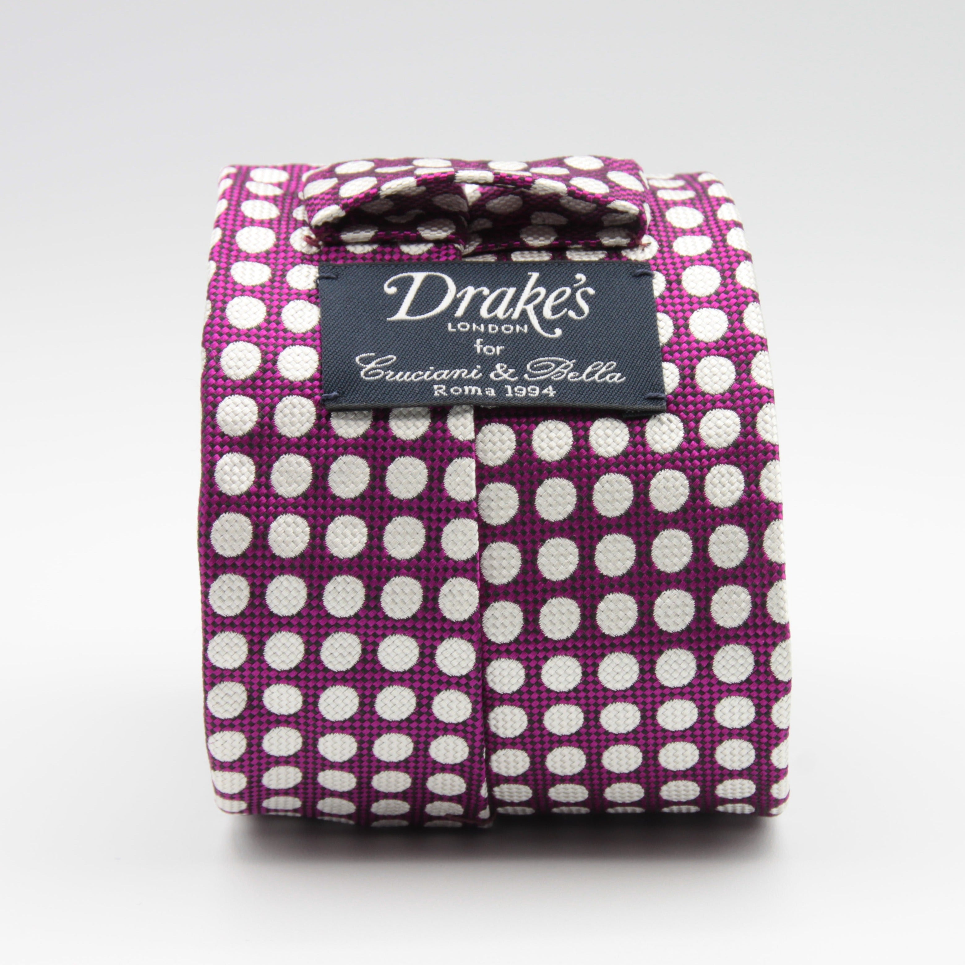 Drake's only for Cruciani & Bella 100% Silk Jacquard  Churchill's spot Fucsia and White tie Handmade in London. England 8 cm x 147 cm #4717