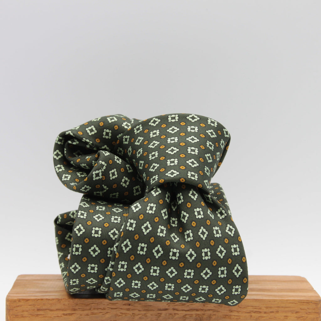 Drake's - Printed Silk - Green, Orange and White motif tie #2252