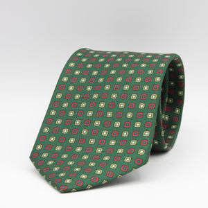 Drake's for Cruciani & Bella 36 oz Self-Tipped 100% Printed Silk Green, Light Blue and Red Motif tie Handmade in London. England 9 cm x 150 cm #3083