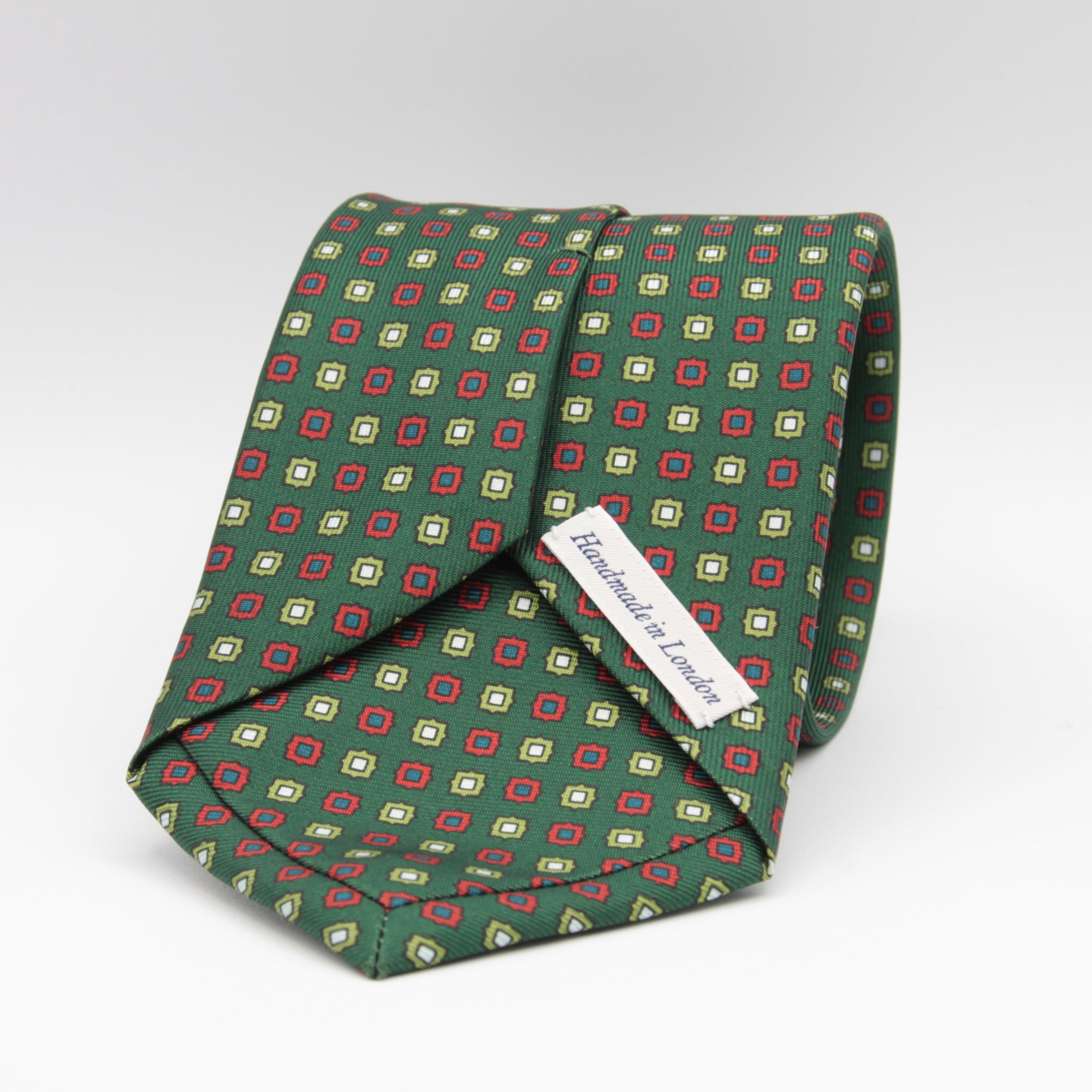 Drake's for Cruciani & Bella 36 oz Self-Tipped 100% Printed Silk Green, Light Blue and Red Motif tie Handmade in London. England 9 cm x 150 cm #3083