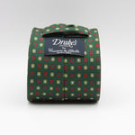 Drake's for Cruciani & Bella 36 oz Self-Tipped 100% Printed Silk Green, Light Blue and Red Motif tie Handmade in London. England 9 cm x 150 cm #3083