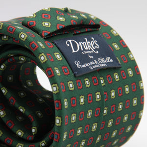 Drake's for Cruciani & Bella 36 oz Self-Tipped 100% Printed Silk Green, Light Blue and Red Motif tie Handmade in London. England 9 cm x 150 cm #3083