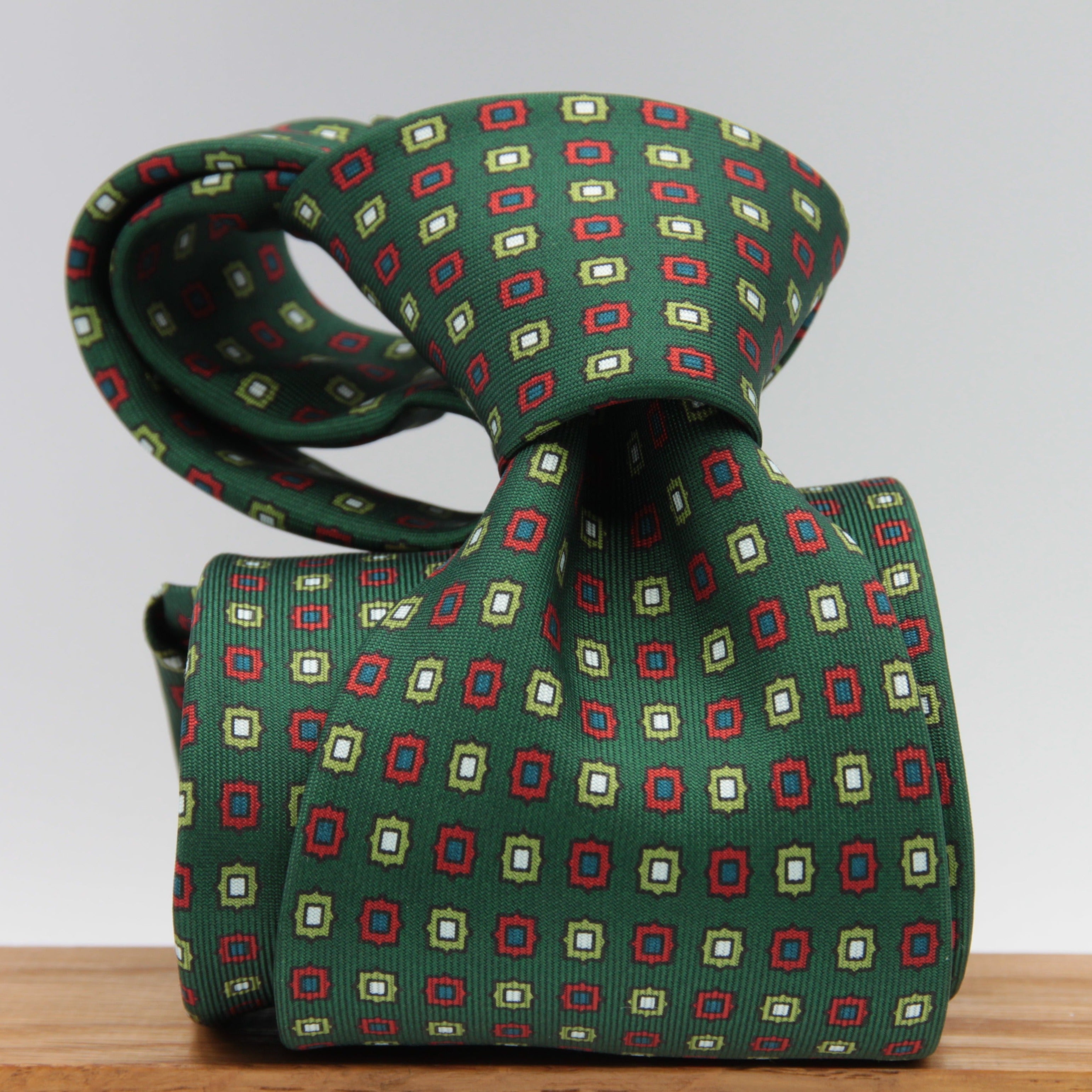 Drake's for Cruciani & Bella 36 oz Self-Tipped 100% Printed Silk Green, Light Blue and Red Motif tie Handmade in London. England 9 cm x 150 cm #3083