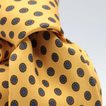 Drake's for Cruciani & Bella 36 oz Self-Tipped 100% Printed Silk Yellow, Brown and Blue Motif Tie Handmade in London. England 9 cm x 150 cm #6359