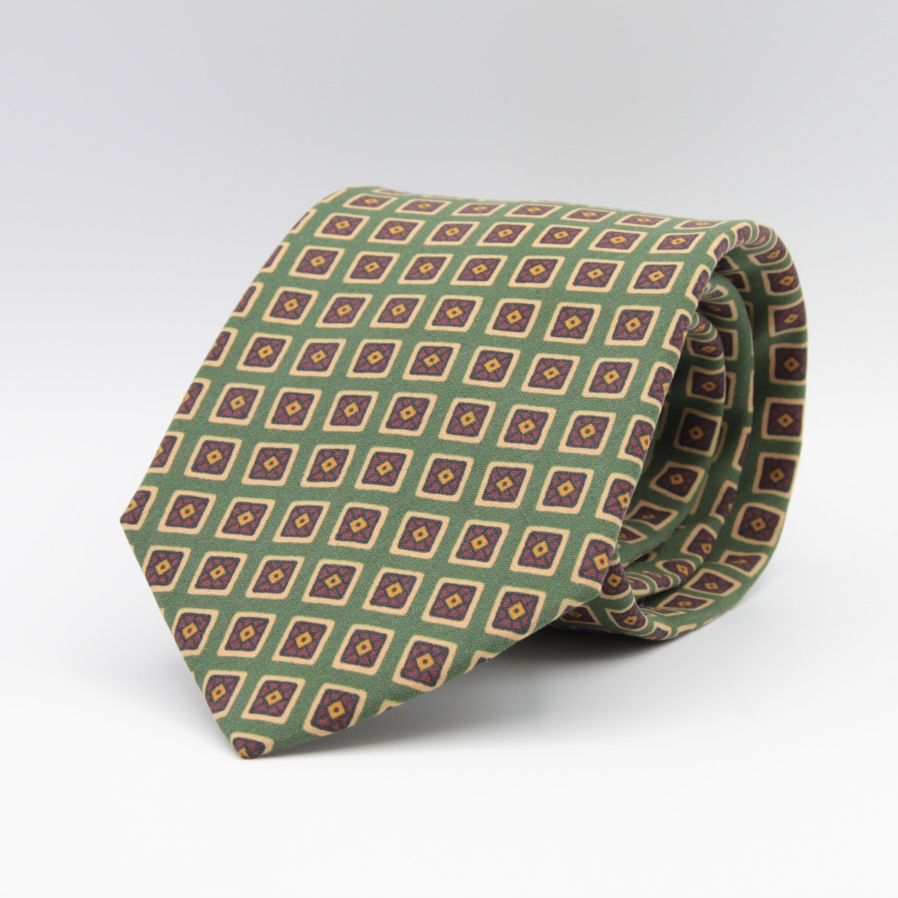 Drake's for Cruciani & Bella 36 oz Tipped 100% Printed Madder Silk Green, Rust and Yellow Motif Tie Handmade in London. England 9 cm x 150 cm #2399