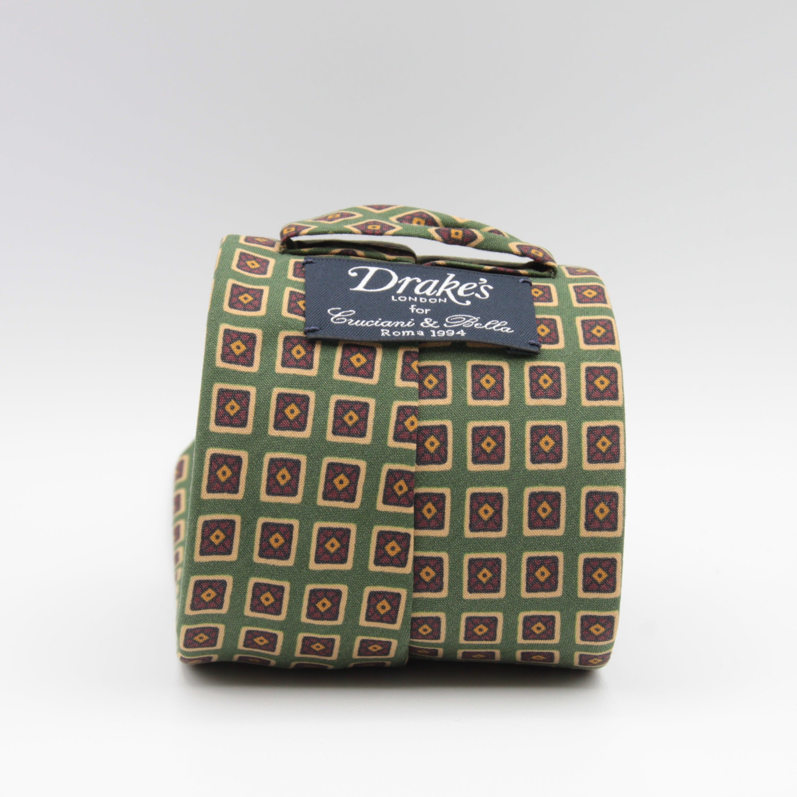 Drake's for Cruciani & Bella 36 oz Tipped 100% Printed Madder Silk Green, Rust and Yellow Motif Tie Handmade in London. England 9 cm x 150 cm #2399