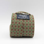Drake's for Cruciani & Bella 36 oz Tipped 100% Printed Madder Silk Green, Rust and Yellow Motif Tie Handmade in London. England 9 cm x 150 cm #2399