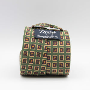 Drake's for Cruciani & Bella 36 oz Tipped 100% Printed Madder Silk Green, Rust and Yellow Motif Tie Handmade in London. England 9 cm x 150 cm #2399