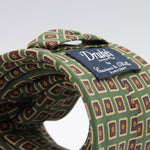 Drake's for Cruciani & Bella 36 oz Tipped 100% Printed Madder Silk Green, Rust and Yellow Motif Tie Handmade in London. England 9 cm x 150 cm #2399