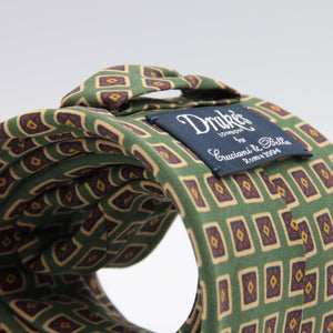 Drake's for Cruciani & Bella 36 oz Tipped 100% Printed Madder Silk Green, Rust and Yellow Motif Tie Handmade in London. England 9 cm x 150 cm #2399