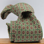 Drake's for Cruciani & Bella 36 oz Tipped 100% Printed Madder Silk Green, Rust and Yellow Motif Tie Handmade in London. England 9 cm x 150 cm #2399