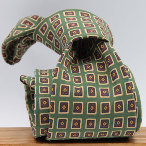 Drake's for Cruciani & Bella 36 oz Tipped 100% Printed Madder Silk Green, Rust and Yellow Motif Tie Handmade in London. England 9 cm x 150 cm #2399
