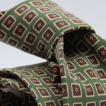 Drake's for Cruciani & Bella 36 oz Tipped 100% Printed Madder Silk Green, Rust and Yellow Motif Tie Handmade in London. England 9 cm x 150 cm #2399