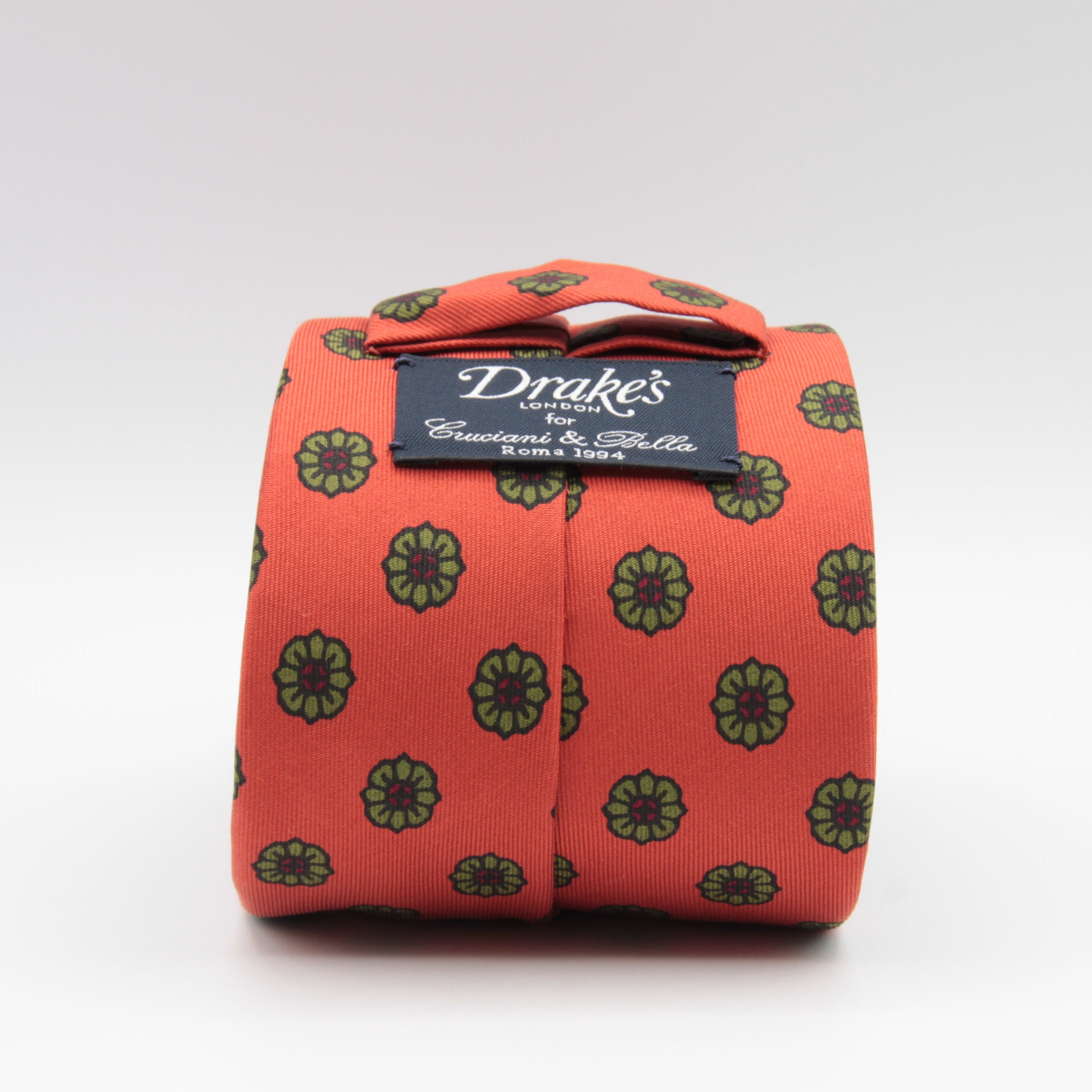 Drake's for Cruciani & Bella 36 oz Tipped 100% Printed Madder Silk Orange, Green and Red Motif Tie Handmade in London. England 9 cm x 150 cm #5181