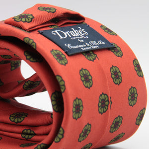 Drake's for Cruciani & Bella 36 oz Tipped 100% Printed Madder Silk Orange, Green and Red Motif Tie Handmade in London. England 9 cm x 150 cm #5181