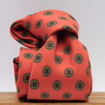 Drake's for Cruciani & Bella 36 oz Tipped 100% Printed Madder Silk Orange, Green and Red Motif Tie Handmade in London. England 9 cm x 150 cm #5181