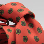 Drake's for Cruciani & Bella 36 oz Tipped 100% Printed Madder Silk Orange, Green and Red Motif Tie Handmade in London. England 9 cm x 150 cm #5181