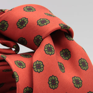 Drake's for Cruciani & Bella 36 oz Tipped 100% Printed Madder Silk Orange, Green and Red Motif Tie Handmade in London. England 9 cm x 150 cm #5181