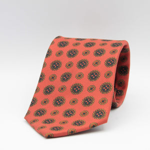 Drake's for Cruciani & Bella 36 oz Tipped 100% Printed Madder Silk Orange, Brown and Yellow Motif Tie Handmade in London. England 9 cm x 150 cm #5187