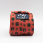 Drake's for Cruciani & Bella 36 oz Tipped 100% Printed Madder Silk Orange, Brown and Yellow Motif Tie Handmade in London. England 9 cm x 150 cm #5187