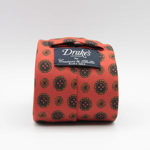 Drake's for Cruciani & Bella 36 oz Tipped 100% Printed Madder Silk Orange, Brown and Yellow Motif Tie Handmade in London. England 9 cm x 150 cm #5187