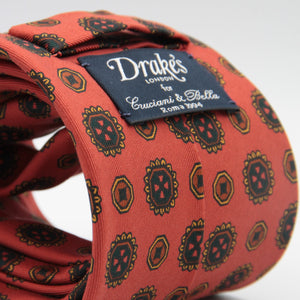 Drake's for Cruciani & Bella 36 oz Tipped 100% Printed Madder Silk Orange, Brown and Yellow Motif Tie Handmade in London. England 9 cm x 150 cm #5187