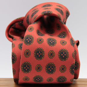 Drake's for Cruciani & Bella 36 oz Tipped 100% Printed Madder Silk Orange, Brown and Yellow Motif Tie Handmade in London. England 9 cm x 150 cm #5187