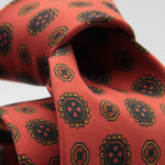Drake's for Cruciani & Bella 36 oz Tipped 100% Printed Madder Silk Orange, Brown and Yellow Motif Tie Handmade in London. England 9 cm x 150 cm #5187