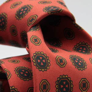 Drake's for Cruciani & Bella 36 oz Tipped 100% Printed Madder Silk Orange, Brown and Yellow Motif Tie Handmade in London. England 9 cm x 150 cm #5187