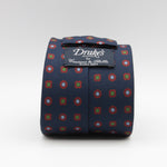 Drake's for Cruciani & Bella 36 oz Tipped 100% Printed Madder Silk Blue, Red and Green Motif Tie Handmade in London. England 9 cm x 150 cm #5183