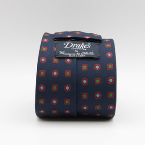 Drake's for Cruciani & Bella 36 oz Tipped 100% Printed Madder Silk Blue, Red and Green Motif Tie Handmade in London. England 9 cm x 150 cm #5183