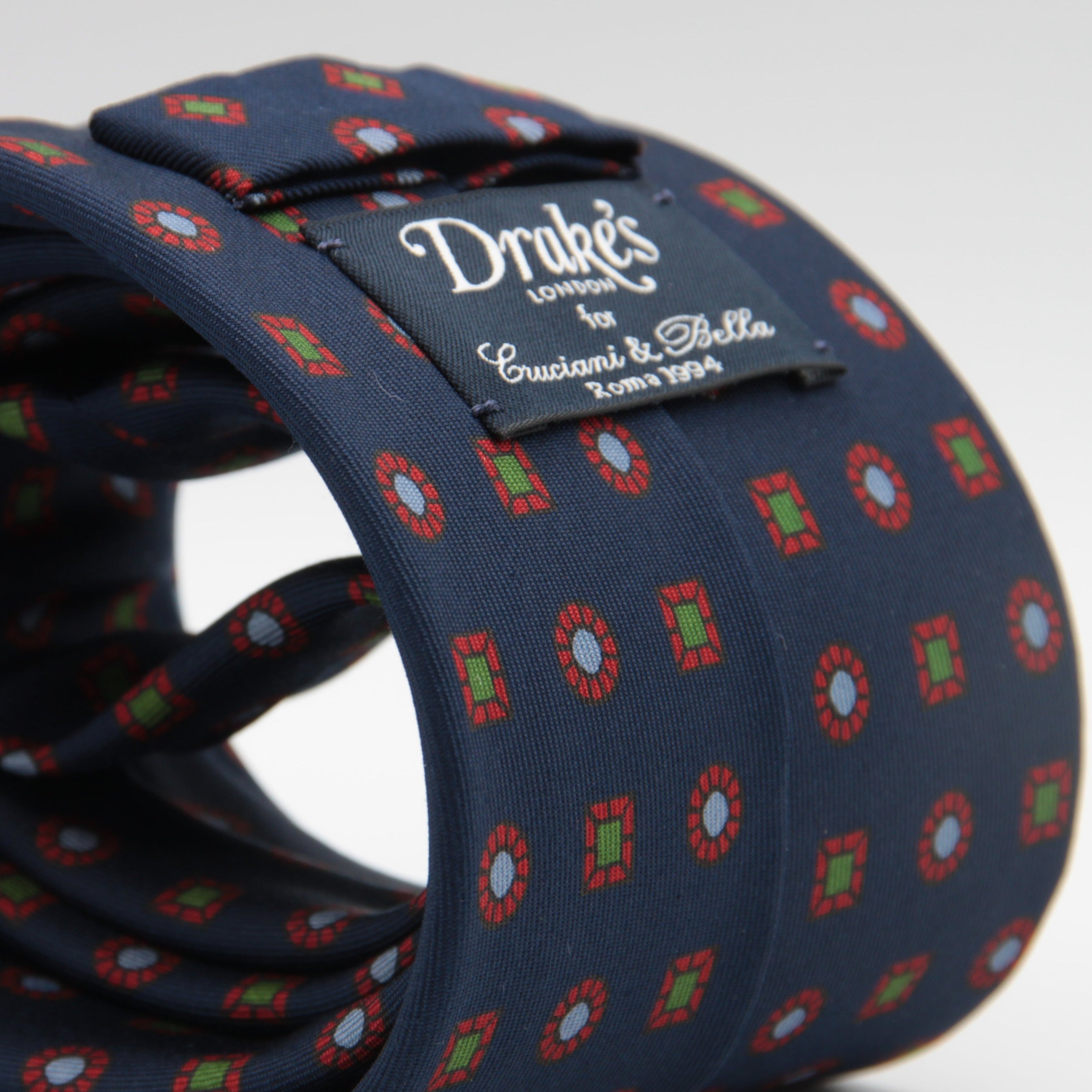 Drake's for Cruciani & Bella 36 oz Tipped 100% Printed Madder Silk Blue, Red and Green Motif Tie Handmade in London. England 9 cm x 150 cm #5183