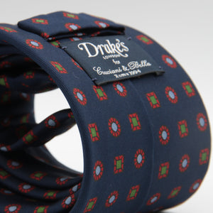 Drake's for Cruciani & Bella 36 oz Tipped 100% Printed Madder Silk Blue, Red and Green Motif Tie Handmade in London. England 9 cm x 150 cm #5183