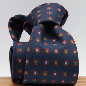 Drake's for Cruciani & Bella 36 oz Tipped 100% Printed Madder Silk Blue, Red and Green Motif Tie Handmade in London. England 9 cm x 150 cm #5183
