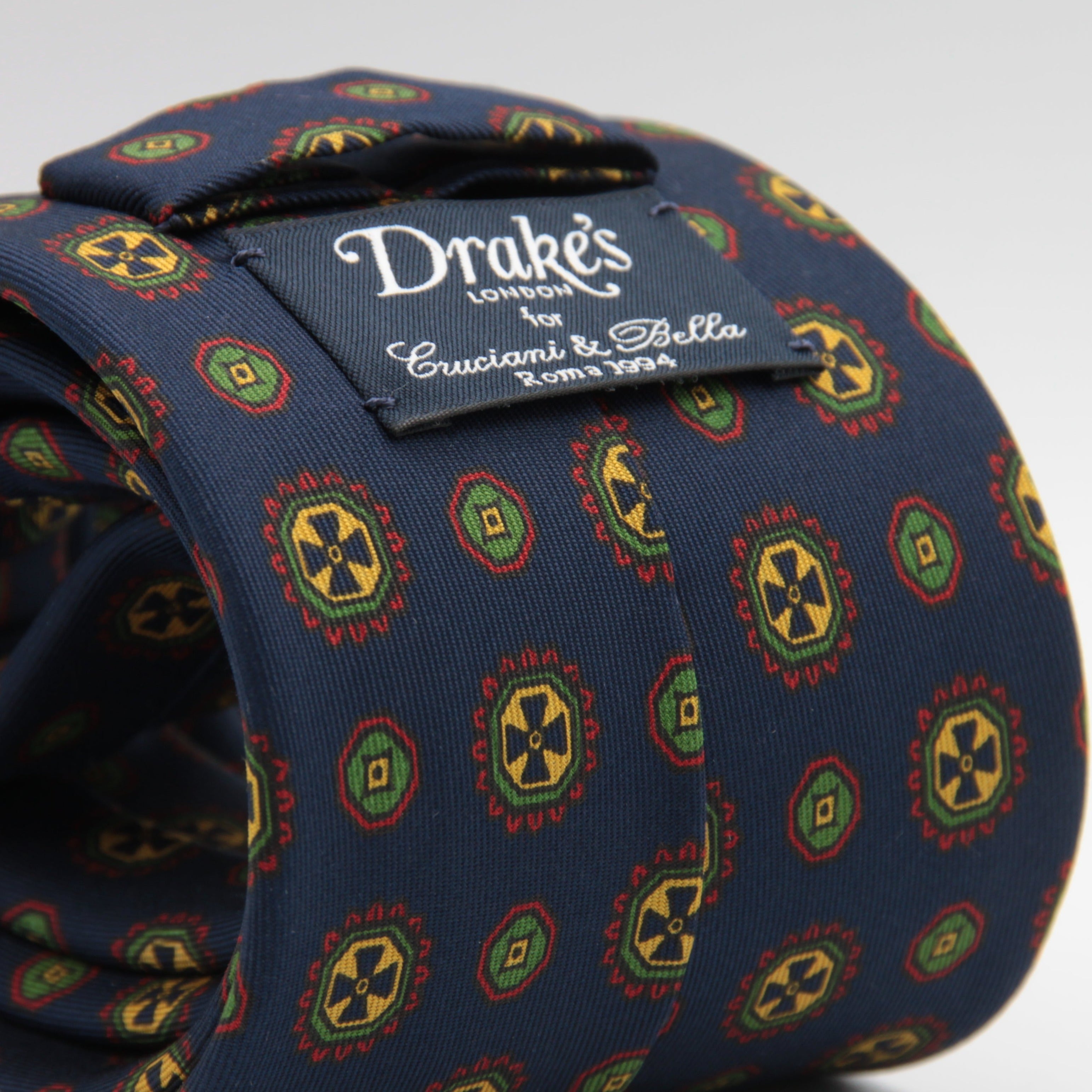 Drake's for Cruciani & Bella 36 oz Tipped 100% Printed Madder Silk Blue, Green, Yellow and Orange Motif Tie Handmade in London. England 9 cm x 150 cm #5185