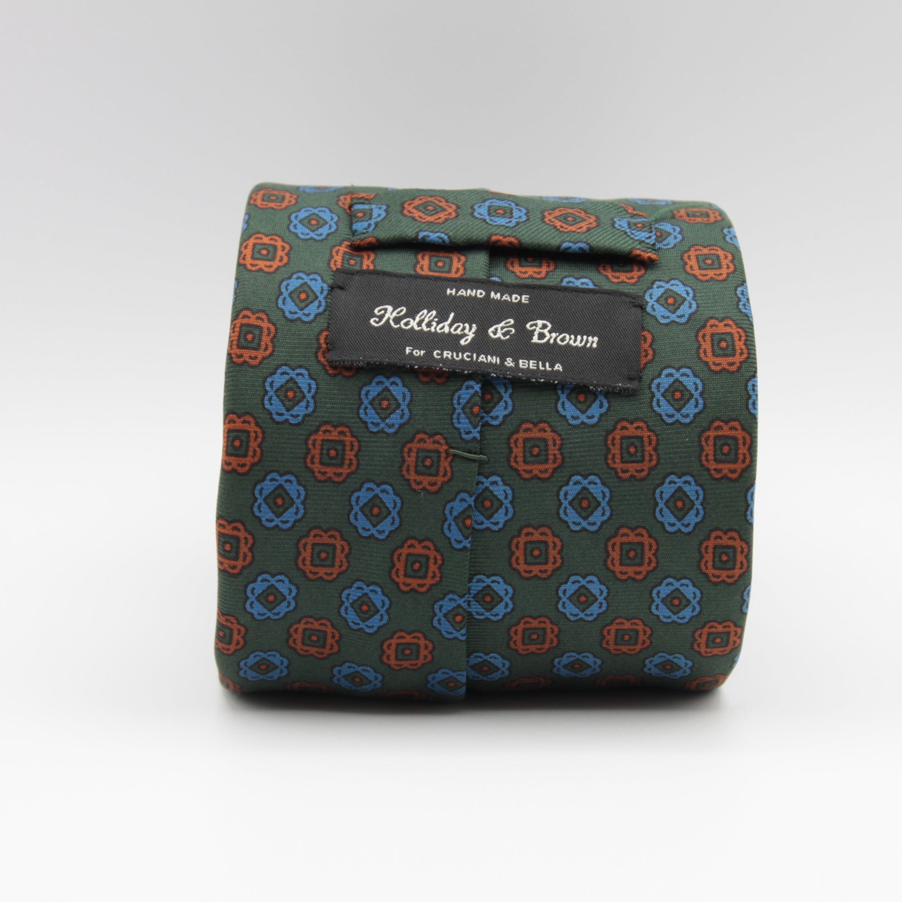 Holliday & Brown for Cruciani & Bella 100% Printed Silk Tipped Green, Brown and Blue tie Handmade in Italy 9,5 cm x 148 cm #6595