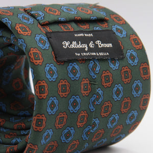 Holliday & Brown for Cruciani & Bella 100% Printed Silk Tipped Green, Brown and Blue tie Handmade in Italy 9,5 cm x 148 cm #6595