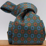Holliday & Brown for Cruciani & Bella 100% Printed Silk Tipped Green, Brown and Blue tie Handmade in Italy 9,5 cm x 148 cm #6595