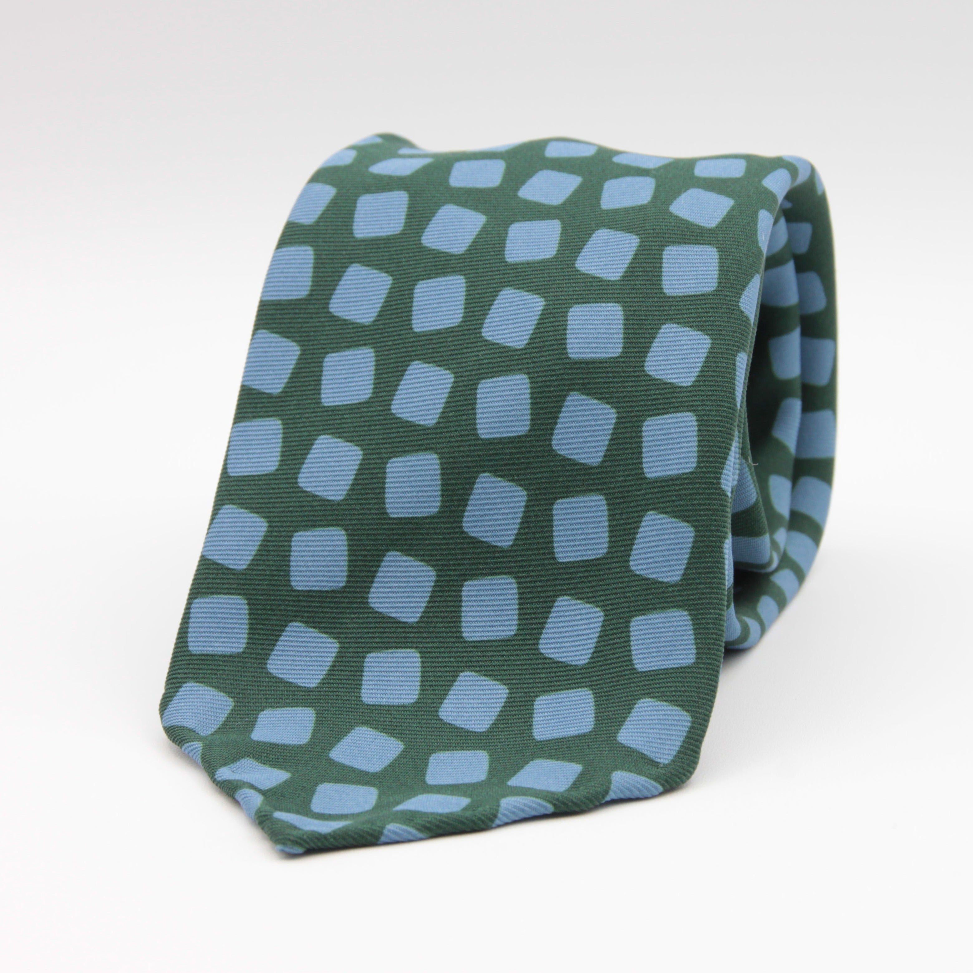 Holliday & Brown for Cruciani & Bella 100% printed Silk Unlined Seven Fold Green and Light Blue motif tie Handmade in Italy 8 cm x 150 cm #6955