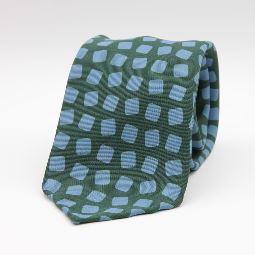 Holliday & Brown for Cruciani & Bella 100% printed Silk Unlined Seven Fold Green and Light Blue motif tie Handmade in Italy 8 cm x 150 cm #6955