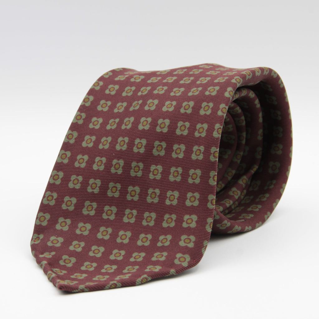 Holliday & Brown for Cruciani & Bella 100% printed Silk Unlined Seven Fold Wine and Green motif tie Handmade in Italy 8 cm x 150 cm #6958