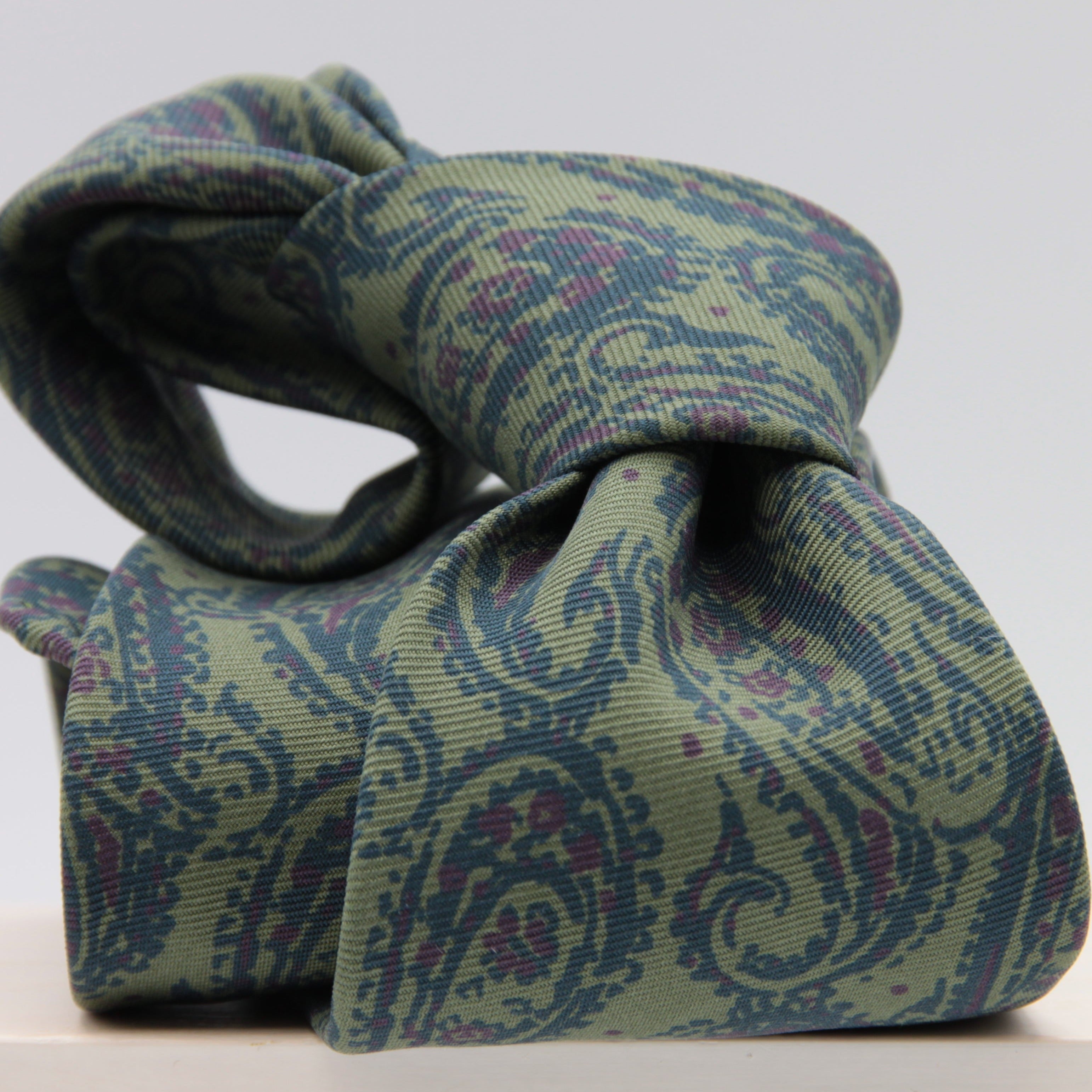 Holliday & Brown for Cruciani & Bella 100% printed Silk Unlined Seven Fold Green and Blue Paisley motif tie Handmade in Italy 8 cm x 150 cm #6952
