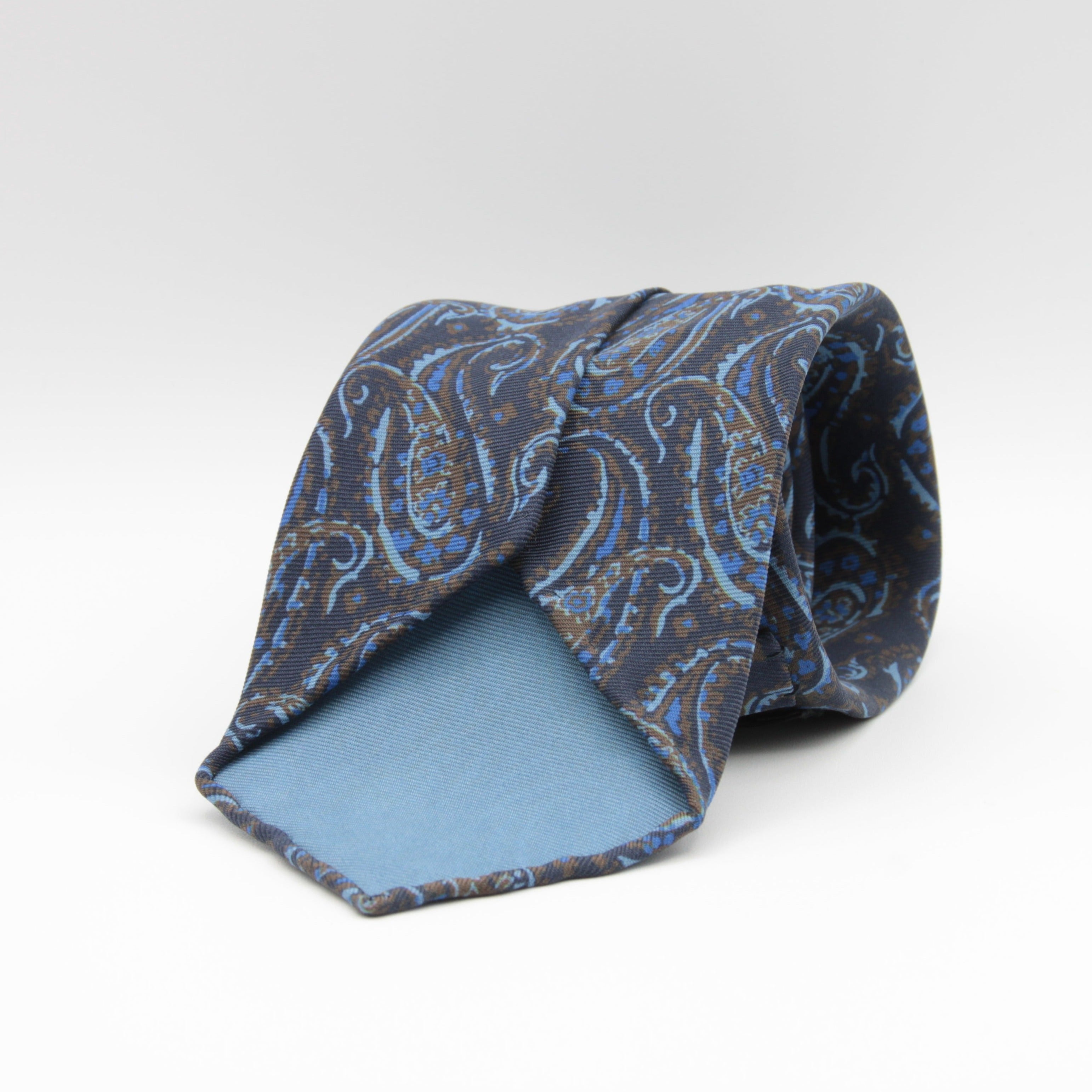 Holliday & Brown for Cruciani & Bella 100% printed Silk Unlined Seven Fold Blue, Light Blue and Brown Paisley motif tie Handmade in Italy 8 cm x 150 cm #6953