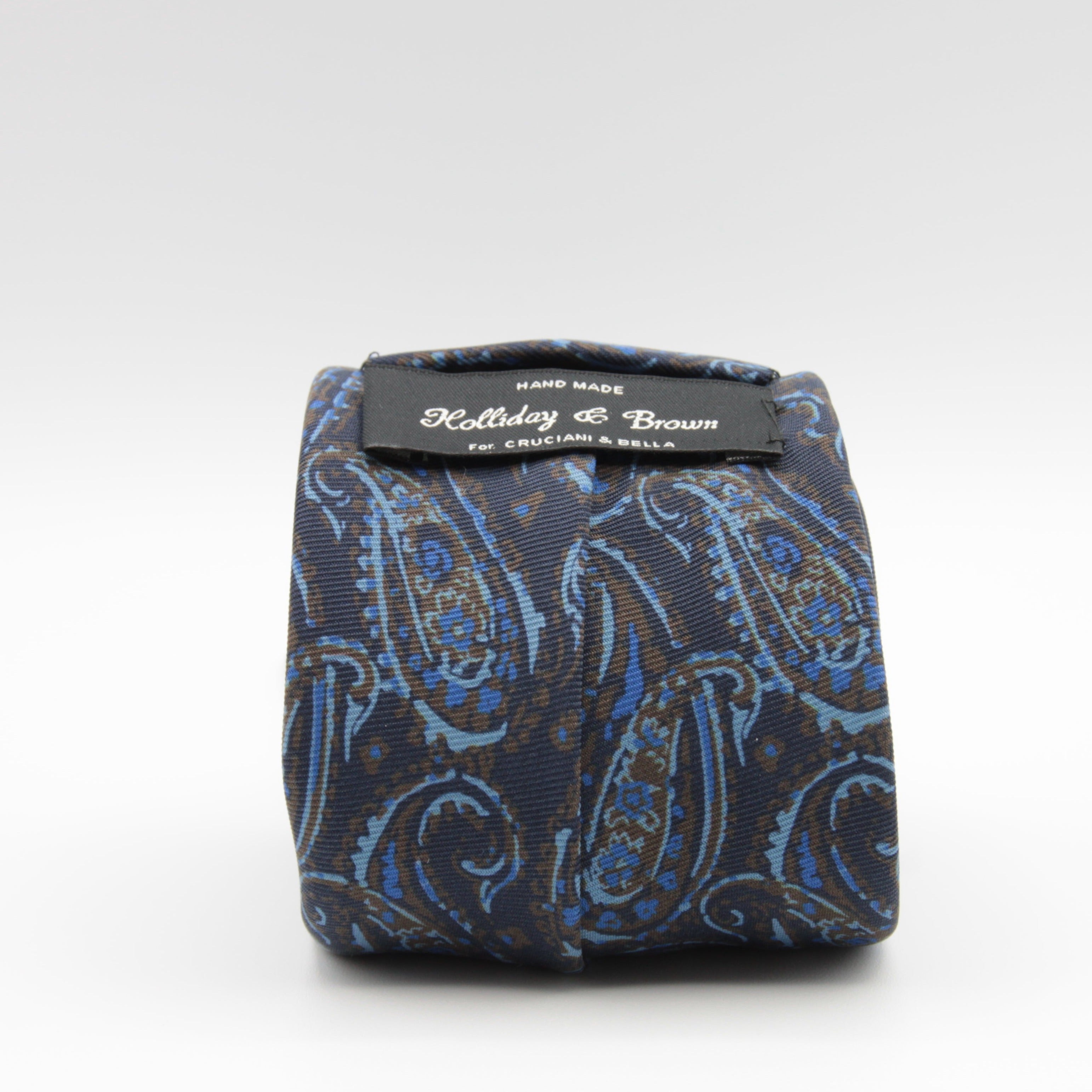 Holliday & Brown for Cruciani & Bella 100% printed Silk Unlined Seven Fold Blue, Light Blue and Brown Paisley motif tie Handmade in Italy 8 cm x 150 cm #6953