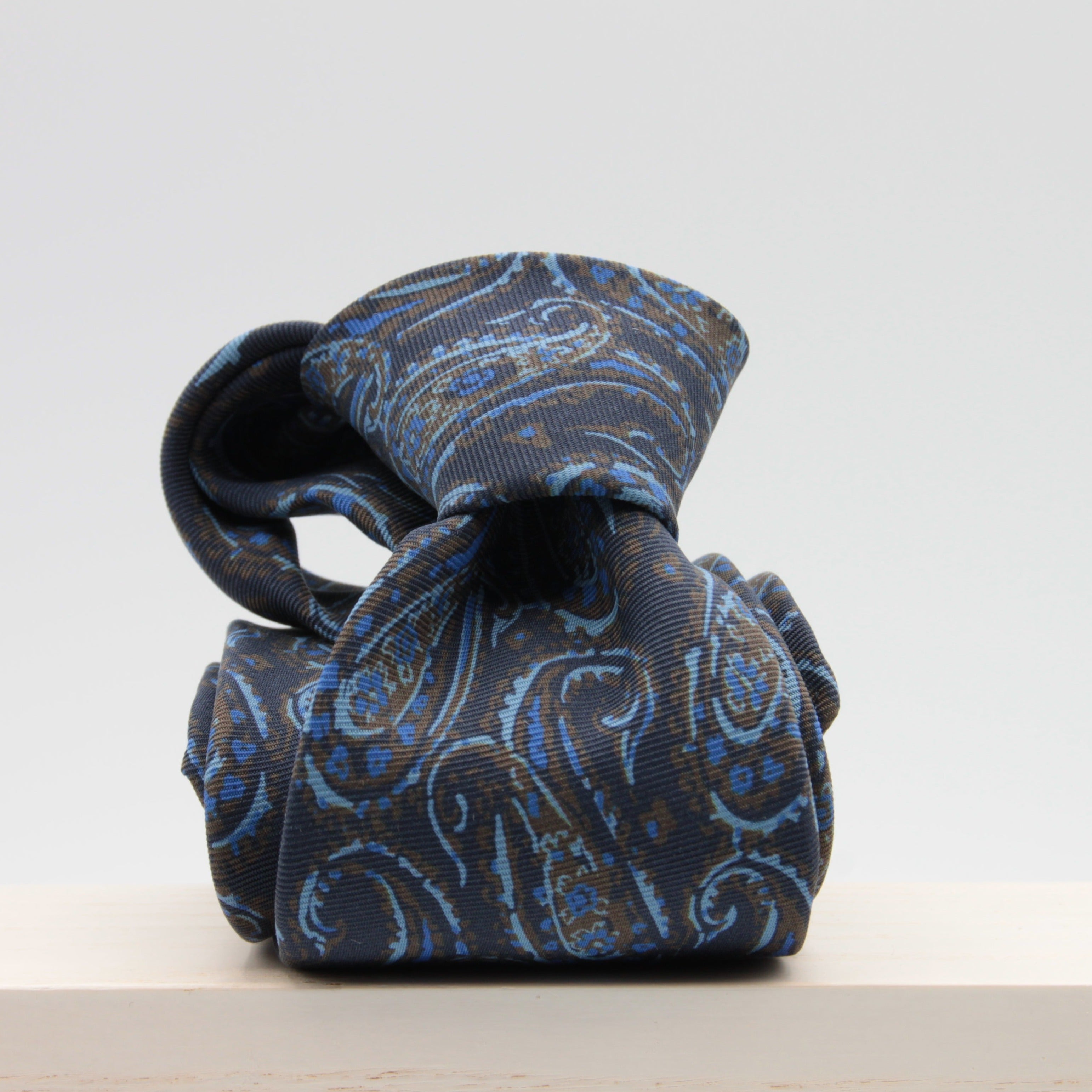 Holliday & Brown for Cruciani & Bella 100% printed Silk Unlined Seven Fold Blue, Light Blue and Brown Paisley motif tie Handmade in Italy 8 cm x 150 cm #6953