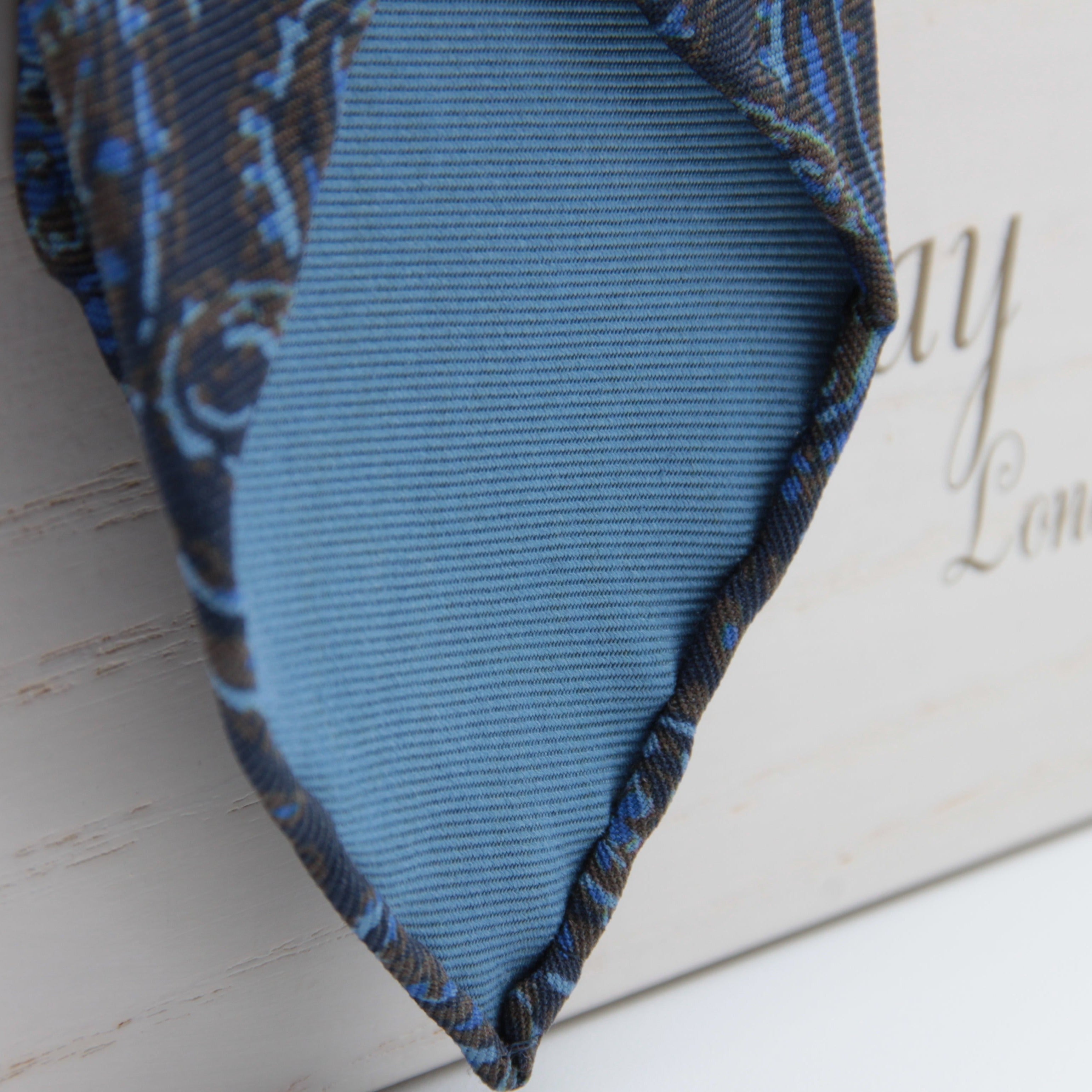Holliday & Brown for Cruciani & Bella 100% printed Silk Unlined Seven Fold Blue, Light Blue and Brown Paisley motif tie Handmade in Italy 8 cm x 150 cm #6953