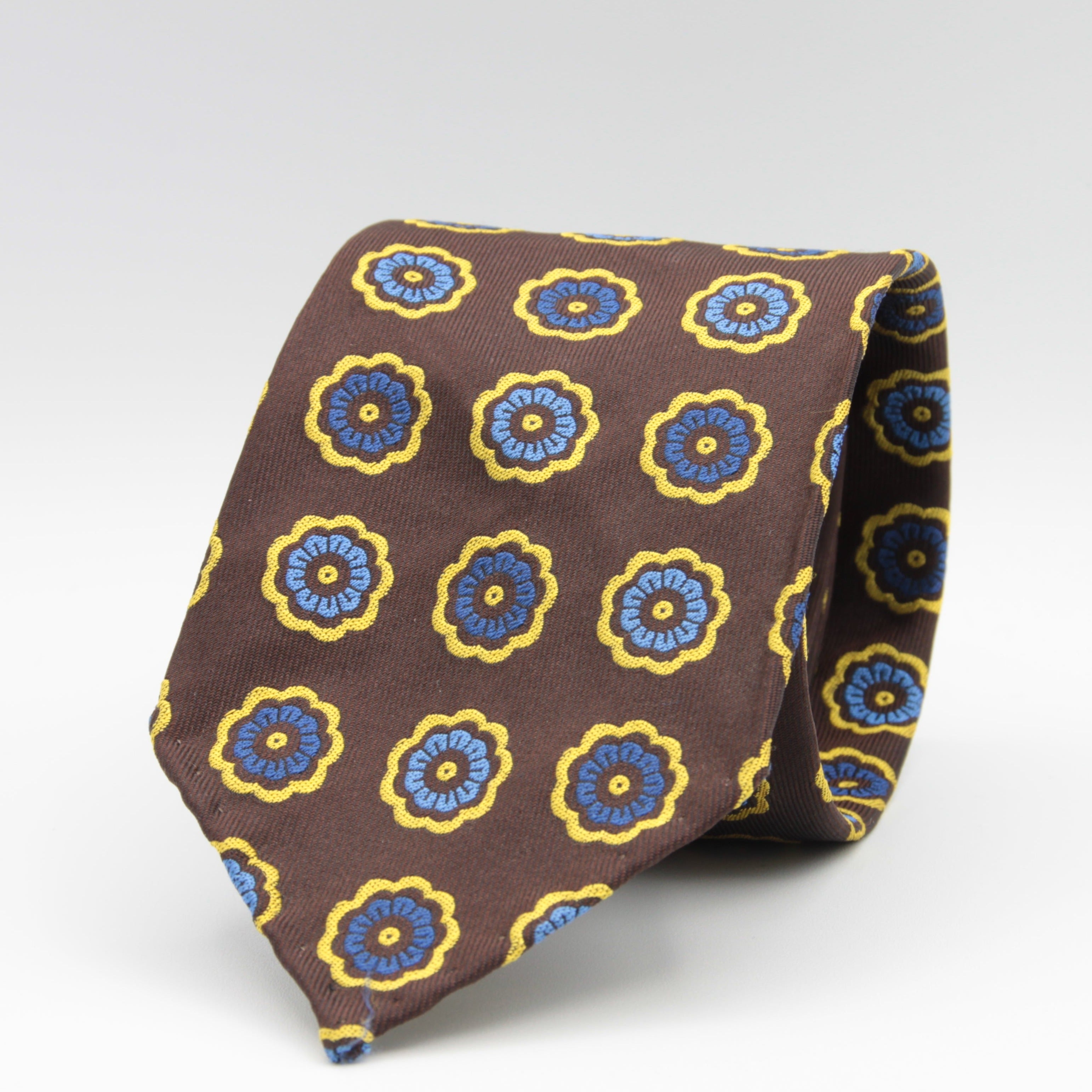 Cruciani & Bella 100% Woven Jacquard Silk Unlined Brown, Blue and Yellow tie Handmade in England 8 x 152 cm #6263