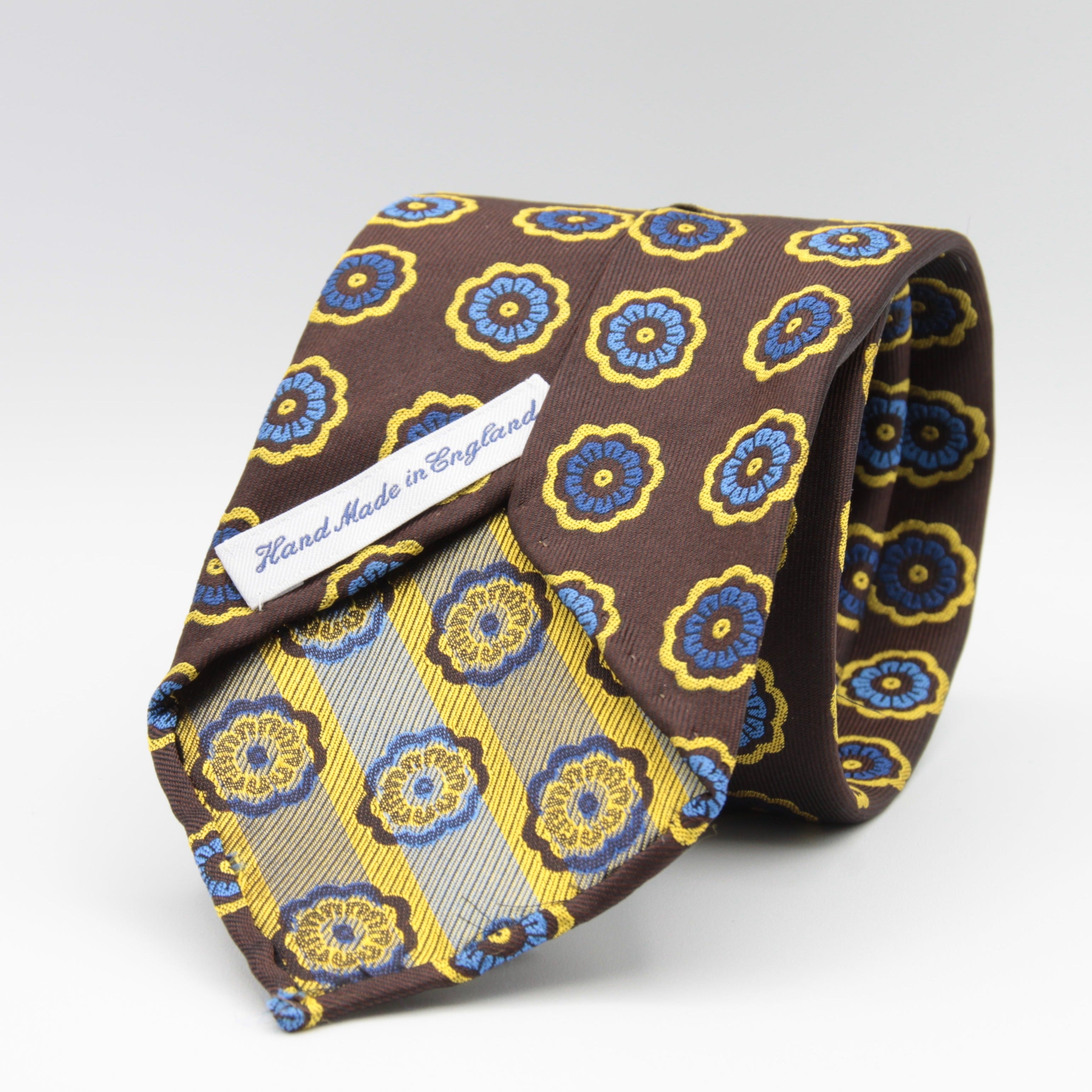 Cruciani & Bella 100% Woven Jacquard Silk Unlined Brown, Blue and Yellow tie Handmade in England 8 x 152 cm #6263