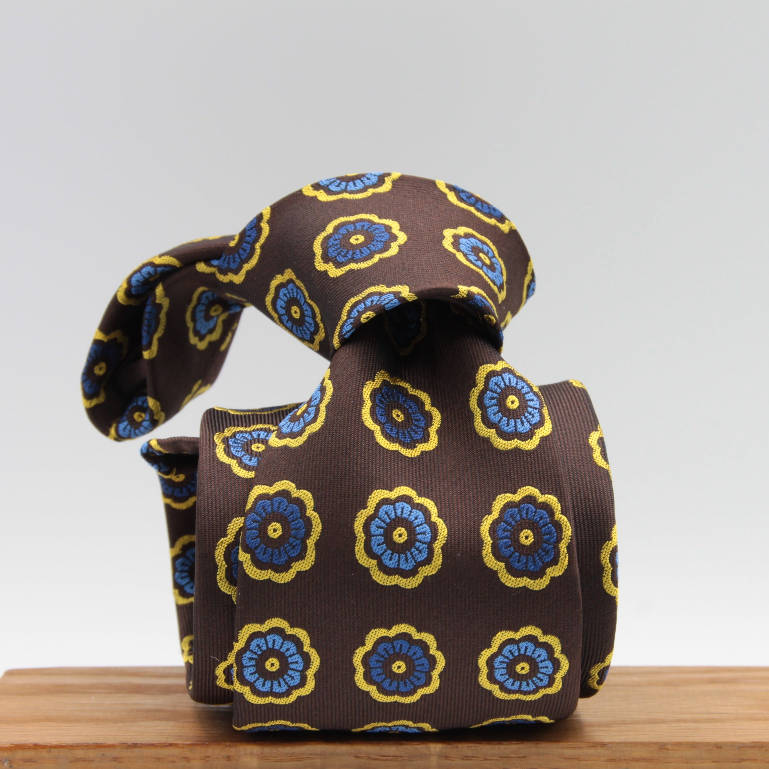 Cruciani & Bella 100% Woven Jacquard Silk Unlined Brown, Blue and Yellow tie Handmade in England 8 x 152 cm #6263