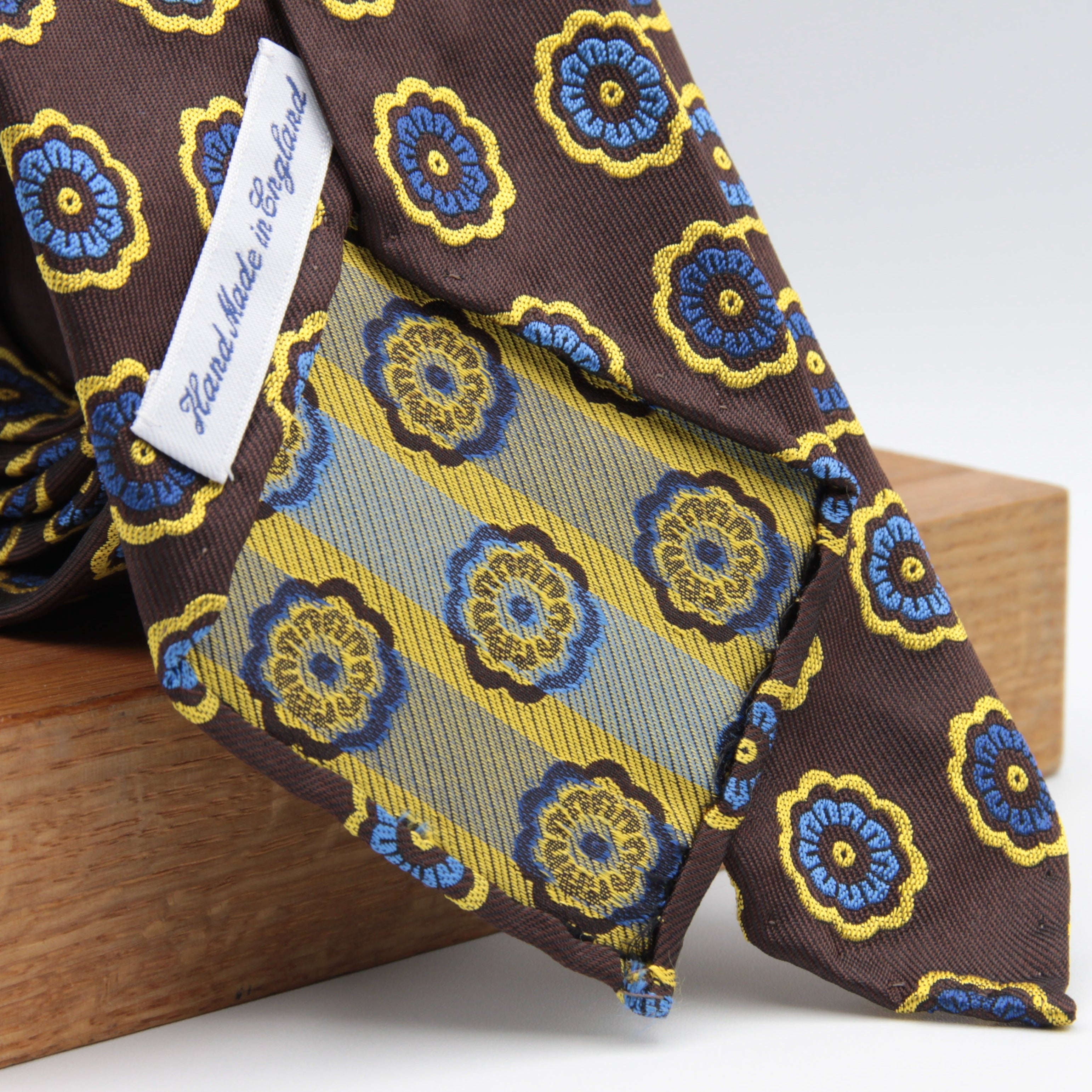 Cruciani & Bella 100% Woven Jacquard Silk Unlined Brown, Blue and Yellow tie Handmade in England 8 x 152 cm #6263